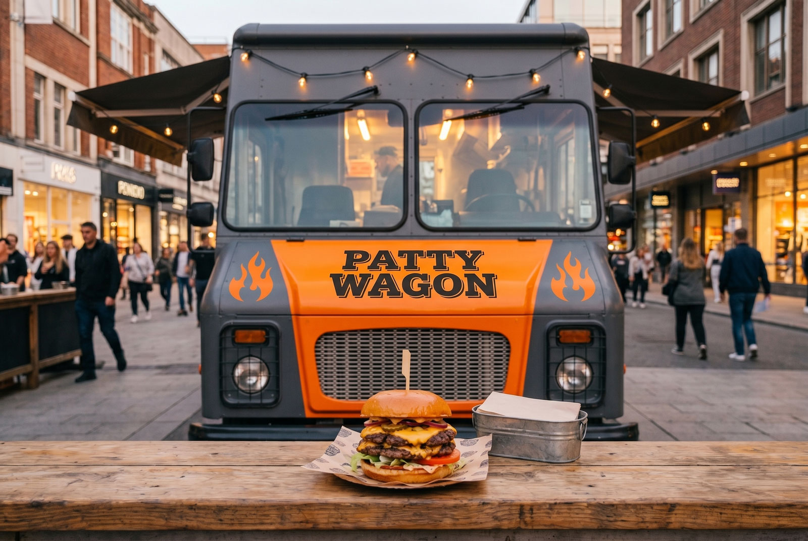 The Patty Wagon truck parked at a brewery at dusk with string lights