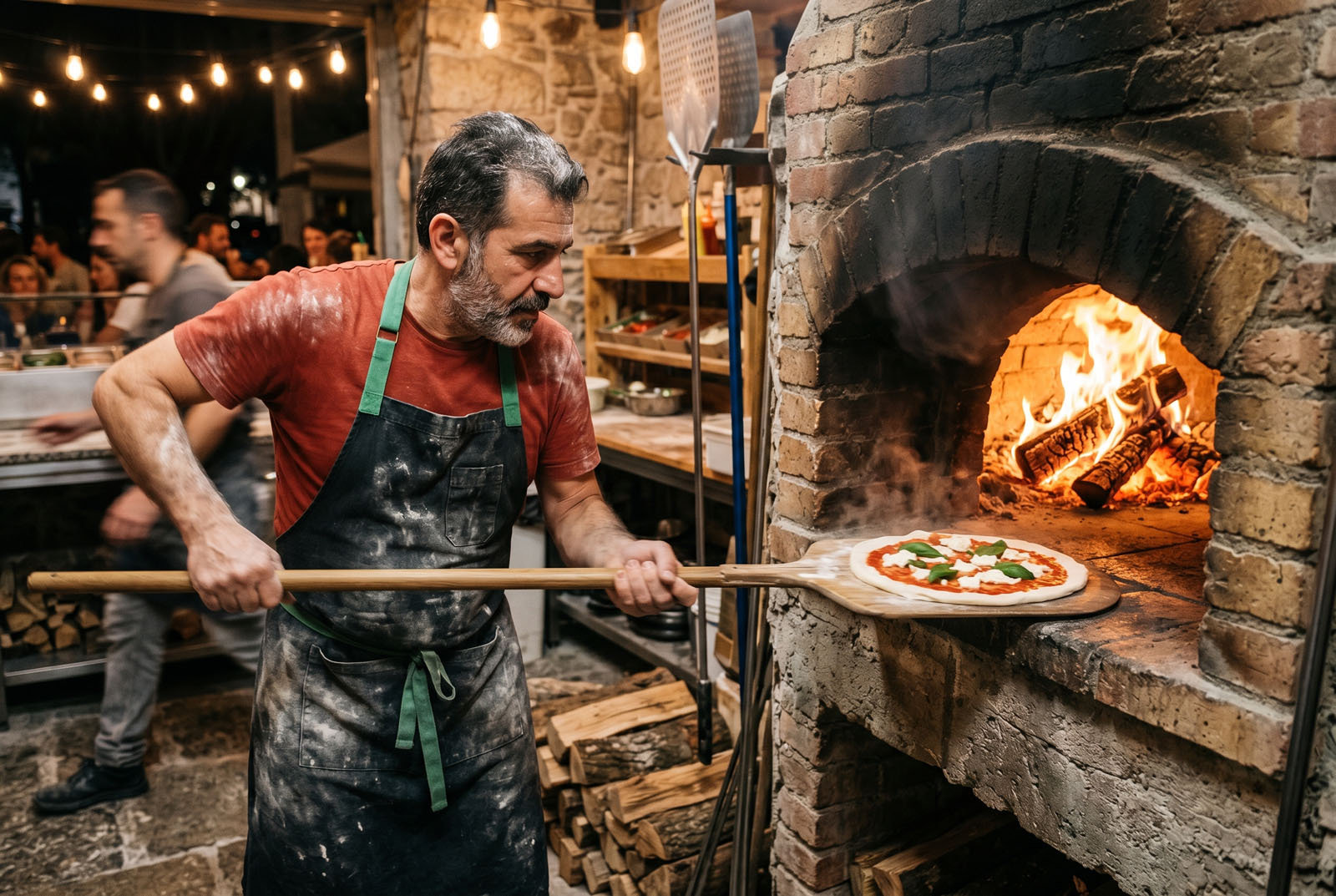 Pizzaiolo sliding a pizza into the wood-fired oven